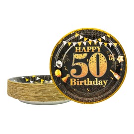 LDFDRT Party Paper Plates 50th Birthday Decorations 50 Pcs 7" Black Gold Birthday Plates Tableware Set Happy Birthday Party Supplies