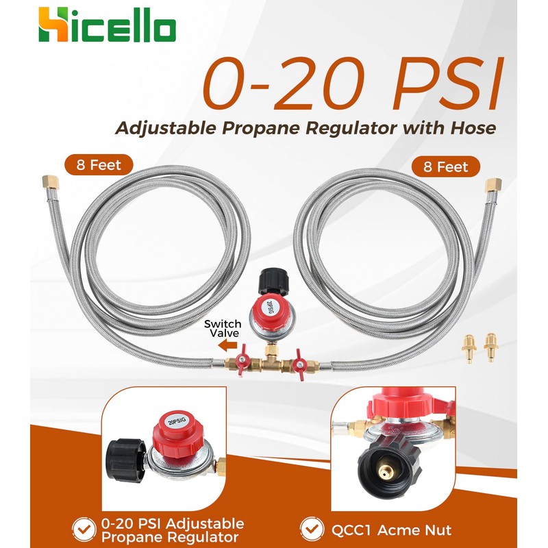 0-20 PSI Adjustable Propane Regulator with Hose, 8FT Y Splitter