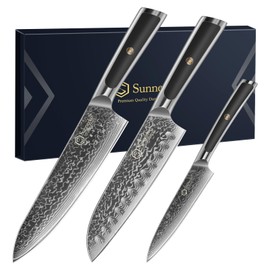 Sunnecko Damascus Kitchen Knife Set 3 Piece, Sharp Chef Knife Set Professional Kitchen Knives Sets Full Tang with Gift Box