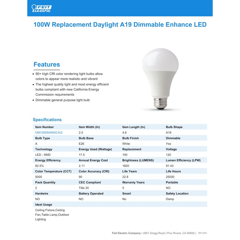 Feit Electric A19 100W Equivalent LED Light Bulbs, Dimmable, 5000k