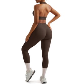 RXRXCOCO Backless Workout Sets for Women 2 Piece Halter Sports Bra Hidden Scrunch High Waisted Gym Leggings Matching Set Brown Medium