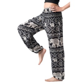 B BANGKOK PANTS Harem Pants Women Yoga Hippie Clothes Boho Pants with Pocket (24-28 Plus, Black Elephant)