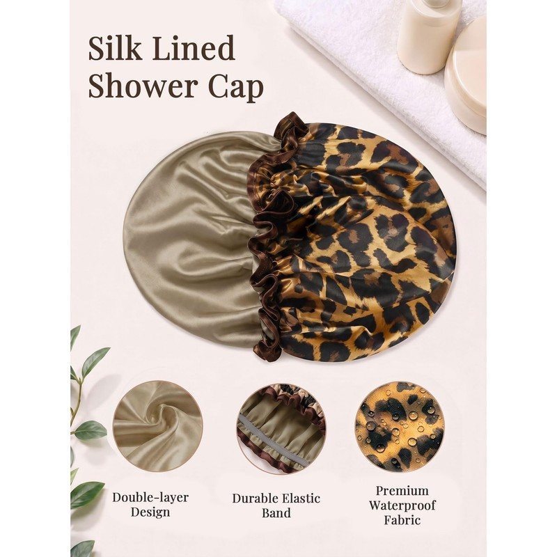 Leopard Satin-Lined Shower Cap for Girl Reusable Waterproof Women
