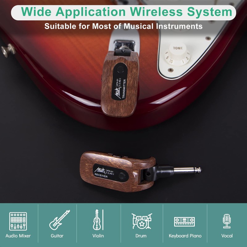 AKLOT Wireless Guitar System Transmitter Receiver Set 2.4GHz Built-in Rechargeable