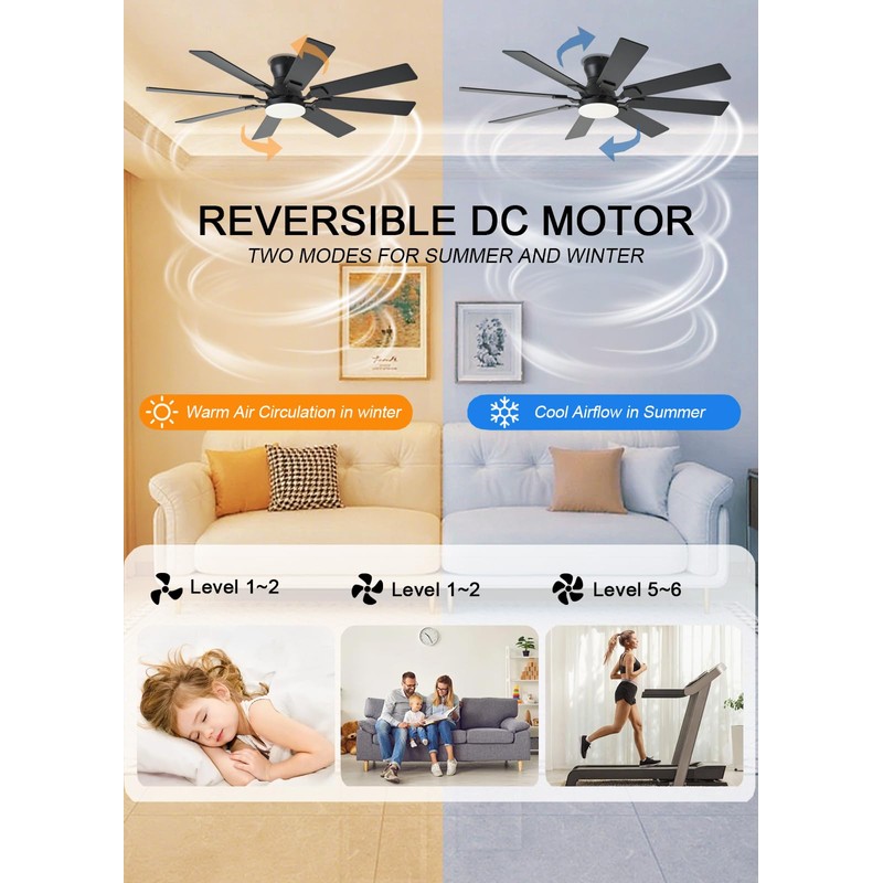 JSAITEE 52 inch Ceiling Fan with Light, 8 Speeds Reversible