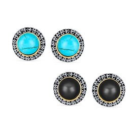Set of 2 Bali Style Two Tone Black Simulated Onyx Blue Simulated Turquoise Dome Clip On Earrings For Women Non Pierced Ear Silver Gold Plated