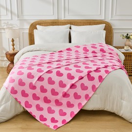 FY FIBER HOUSE Heart Flannel King Blanket for Couch Soft Cozy Blankets for Lover Gifts All Season Use, 90x108 Inches, Hot Pink