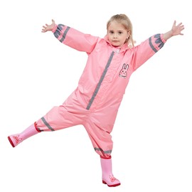 FILOWA Raincoat Kids Hooded All in One Waterproof Rainsuit Girls Puddle Suit Pink Rainwear Lightweight Portable Breathable PVC Hat Brim Zipper Muddy Suit for Childs 7-10 Years