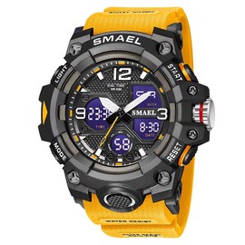 SMAEL Men's Watches Military Outdoor Waterproof Sports Wrist Watch Date Multi Function LED Alarm Stopwatch, Digital Watches for Mens, Orange, Large Face, Digital