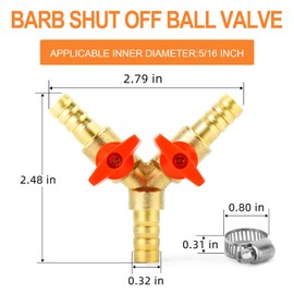 GASHER 2PCS 3 Way Shut Off Ball Valve, 5/16" Hose Barb 2 Switch Brass Y Shaped Valve with 6 Hose Clamps