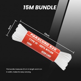 Abma Cord Paracord 620 lbs 4 mm 15 m 100% Nylon Rope Type 3 Cord with 9 Core for Crafts, Camping, Survival, Outdoor - Max. 280 kg - White