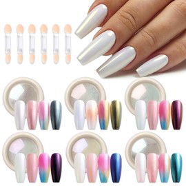 6 Colors Pearl Chrome Nail Powder, Metallic Mirror Effect Holographic Pigment Iridescent Aurora Mermaid Pearlescent Powder Glitter Dust for Gel Polish Nail Art Decorations