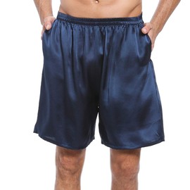 LEPTON Pantalones cortos de seda de morera de 19 mm para hombre, calzoncillos de seda, ropa de dormir relajada, bolsillos frontales, cintura elástica, Azul marino, Small