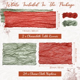 Windkream 2 Cheesecloth Table Runners and 24 Napkins Set, 10Ft Boho Cheese Cloth Table Runners 20 x 20 Inch Rustic Wrinkled Gauze Napkins for Wedding Birthday Baby Shower(Terracotta, Sage Green)