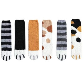 6 Pairs Women's Cat Paw Claws Socks Coral Fleece Fuzzy Fluffy Cozy Winter Warm Crew Sleeping Slipper Socks for Girls