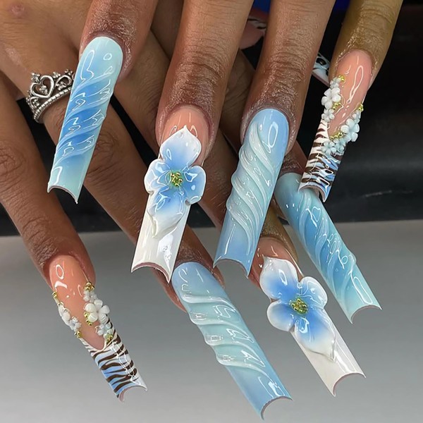 BABALAL Press on Nails Long Square Fake Nails Blue Glue