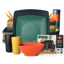 Teivio 40-piece Kitchen Wheat Straw Square Dinnerware Set,Service for 10, Unbreakable Dinner Plates, Salad Plates, Snack Bowls, Cups 13.5 oz, Colorful Plastic,Dishwasher Safe Dishes, Autumn Multicolor