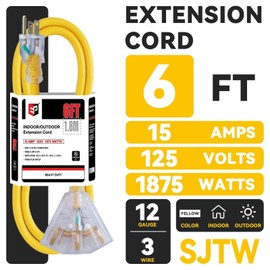 EP 6 Ft 12 Gauge Heavy Duty Extension Cord, 15A 125V 1875W, 3 Outlet Indoor/Outdoor Power Cord with Lighted End, 12/3 SJTW Weatherproof Yellow, UL Listed