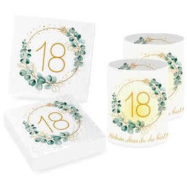 Sprinlot Pack of 20 Napkins 18th Birthday + 12 Pieces Lantern Table Decoration 18th Birthday Decoration 18th Birthday Girl Boy Napkins Eucalyptus Birthday Lanterns Home Decor