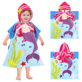 WACCET Bath Poncho Children, Bath Towel Children with Hood, Ultra Soft Quick Drying Microfibre Poncho Towel, Children's Beach Towels for 0-7 Years Old Boys and Girls Toddler (Mermaid, M)