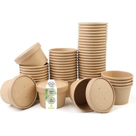 DeinPack 25 Soup Cups to Go with Lids Brown 230 ml 8 oz I Compostable Cups with PLA Inner Coating Soup Cups to Go Cardboard I 25 Organic Disposable Cups with Lids Biodegradable