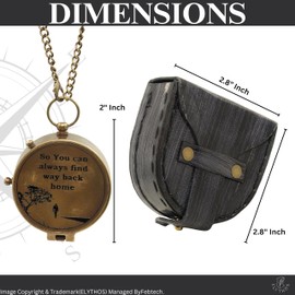 Vintage Brass Compass Engraved Quote - So You Can Always Find Way Back Home | Antique Pocket Compass with Chain & Leather Case | Easter Gift for Men & Women
