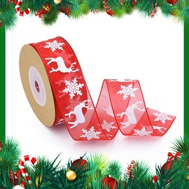 Organza Ribbon 2Rolls, Christmas Ribbon Sheer Xmas Wrapping Ribbon 25mm with Snowflake Elk, 20M Red Grey Gift Wrapping Ribbon for Christmas Decoration Craft Making Bows and Wreaths Xmas Tree Decor