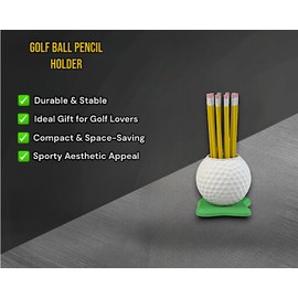 Golf Ball Pen Holder Desk Organizer, White with Green Base – Golf Gift for Office, Home, Golf Lovers.