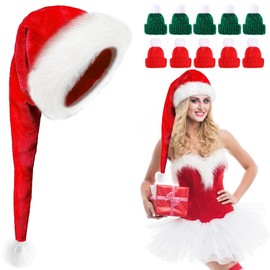 Long Christmas Hat, Santa Hat, Long Red, Long Christmas Hat with 10 Mini Christmas Hats, Plush Santa Hat with Thick Fur Edge for Christmas Parties, Cosplay and Festivals