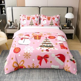 Funda de edredón rosa de Navidad, 100% algodón, funda de edredón para árbol de Navidad kawaii, para niños, niñas, juego de ropa de cama de copo de nieve mágico, lindo muñeco de nieve, sombreros de Navidad, adornos de Navidad, 2 piezas