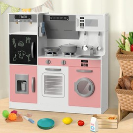BIERUM Play Kitchen for Kids, Wooden Kids Kitchen Playset with Plenty of Play Features, Toy Kitchen Set with Real Lights & Sounds, Trendy Home Style Play Kitchen for Boys and Girls Ages 3+