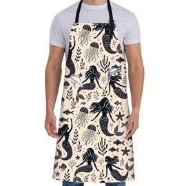 ainori Cute Mermaid Apron for Women with Jellyfish,28x33in,Ocean Nautical Kitchen Aprons with 2 Pockets,Oxford Fabric,Starfish Adjustable Apron for Cooking Baking Gardening Chef,Gifts for Mom Wife