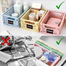 Ruucy 6 Pcs Collapsible Storage Crates, Mini Plastic Crates 15x9.8x5.7cm, Stackable Storage Baskets with White Marker + Stickers, Small Pastel Crates Desktop Storage Box for Office Kitchen Bathroom