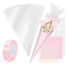 JarThenaAMCS 100Pcs Pink Bow Cone Cellophane Bag Set Clear Triangle Cello Treat Bags Pink Card Paper with Ribbon and Stickers for Party Sweet Snack Popcorn Packing