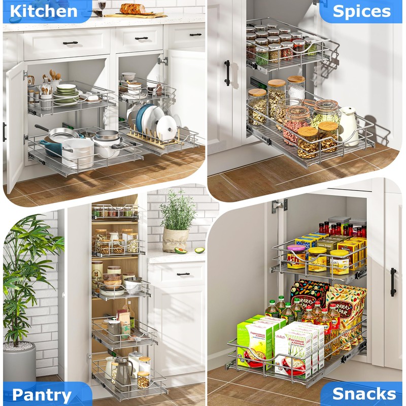 WelFurGeer 2-Tier Kitchen Cabinet Pullout Shelf and Drawer Organizer, Soft