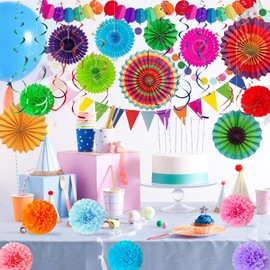 LRCXL Fiesta Party Decorations Set 33Pcs, Multi-Color Cinco De Mayo Hanging Paper Fans, Paper Pom Poms, Pennant, Garland String and Banner for Fiesta, Cinco de Mayo, Birthday, Wedding or Mexican Party