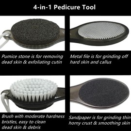 YIOYOODA Foot File Callus Remover 4-in-1, 2 Pcs Feet Scraper Pedicure Tools with Pumice Stone, Scrubber Brush, Foot Rasp and Sand Paper, Double Sided Multi Purpose, Clear Black