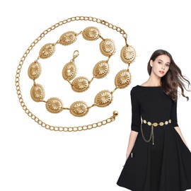 SJDOFU Chain Belt, Western Waist Chain Belt, Country Vintage Daisy Chain Belt Western Metal Concho Belt Adjustable Boho Waist Chain for Women Dresses Jeans(Gold)