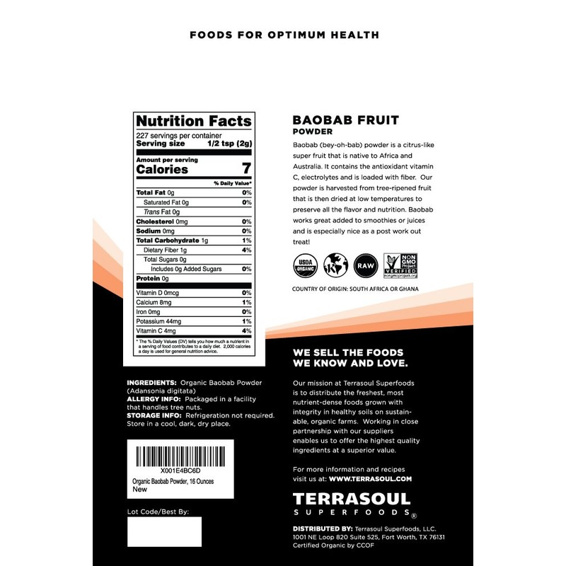 Terrasoul Superfoods Organic Baobab Powder, 48oz (4 Pack) - Vitamin