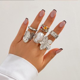 IQPDYV Chunky Gold Rings for Women Stackable Baroque Pearl Flower Knuckle Rings Set Aesthetic Silver 6Pcs Trendy Dainty Open Midi Ring Set Jewelry Gifts, Copper, No Gemstone