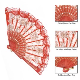 EOSAU Handheld Chinese Folding Fan Lace Hand Fans for Women Foldable Bulk for Party Wedding Church Dancing (Red)