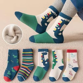 Yolhloy 5 Pairs of Thermal Socks Children Girls and Boys Cotton Sneaker Socks Winter Thick Warm Children's Socks Terry Cloth Lined Thermal Socks, 5 Pairs - Dinosaur A