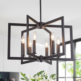 GYNAZIX Dining Room Light Fixture, Modern Black Chandelier Farmhouse Metal Pendant Light for Foyer Enteyway Living Room Kitchen Island, 6 Wrought Iron Lights E12 Bulbs, Height Adjustable, 21.2 inch