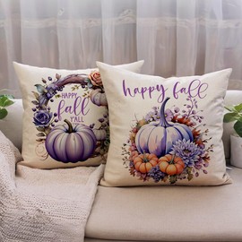 7COLORROOM Fall Decorative Throw Pillow Covers，Autumn Pumpkin with Wreath Design 18x18 Inch Cushion Cases 2Pack Happy Fall Harvest Farmhouse Home Decor Pillowcases for Autumn Thanksgiving(Purpule)