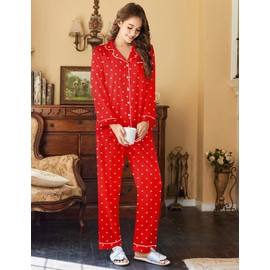 Ekouaer Womens Satin Pajama Set Classic Pattern Silky Pj Sets Button Down Sleepwear Loungewear,Red love heart,Medium