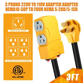 Tellegloww 3 FT 220 to 110 Adapter Compatible with NEMA 10-50P to 4X 5-20R/15R with 20 Amp Circuit Breaker, 220/250V Electrical Stove/Range/Oven Male Plug Gas 110/125V Power Convert Adapter
