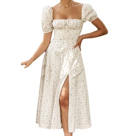 Women's Puff Sleeve Floral Maxi Dress Elegant Square Neck Cottagecore Boho Split Long Dresses Vintage A-line Dress