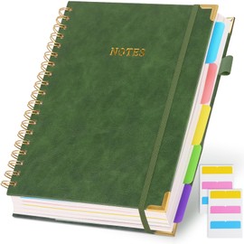 5 Subject Notebook College Ruled with Movable Tab Dividers, 300 Pages 8"x10"/B5 Leather Hardcover Spiral Notebook, 100GSM Thick Journal Notebooks for Work, School, Green