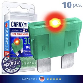 CARAX Glow Fuse â Premium Fuse STANDARD/Regular Blade â 30A Kit 10 pcs â Glow When Blown LED Automotive Fuse â Smart Auto Glow Fuse Easy Identification â 10 pcs.