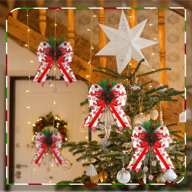 4 Pcs Christmas Bow Decor Glitter Dot Bow Ornament, Green,